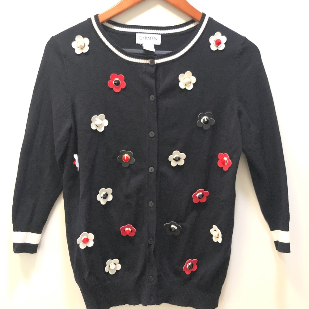 Carmen Marc Valvo Raised Floral Cardigan